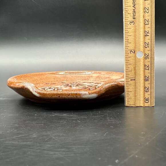 Vintage Art Pottery Spoon Rest Flower Power Daisy Stoneware Brown Drip Glaze - Picture 8 of 8